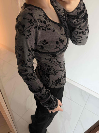 Flower Pattern Slim V-Neck Long Sleeve T-Shirt