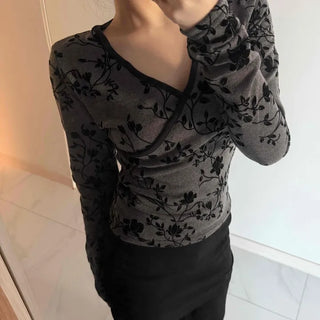 Flower Pattern Slim V-Neck Long Sleeve T-Shirt