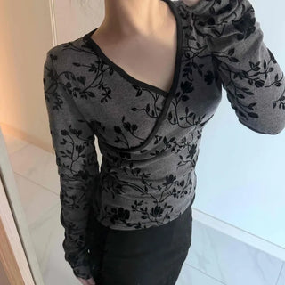 Flower Pattern Slim V-Neck Long Sleeve T-Shirt