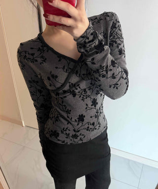 Flower Pattern Slim V-Neck Long Sleeve T-Shirt