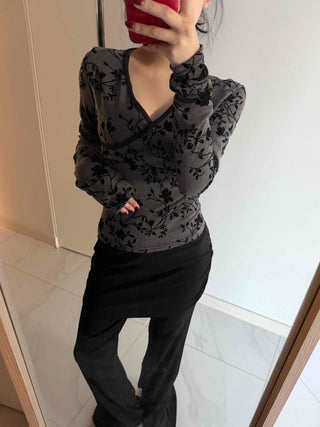 Flower Pattern Slim V-Neck Long Sleeve T-Shirt