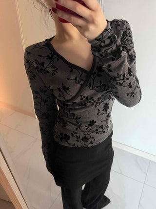 Flower Pattern Slim V-Neck Long Sleeve T-Shirt