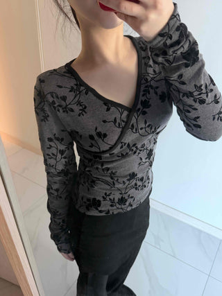 Flower Pattern Slim V-Neck Long Sleeve T-Shirt