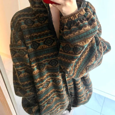 Ethnic Pattern Oversized Fleece Zip-up Hoodie