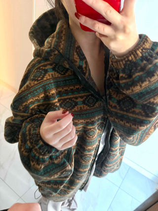 Ethnic Pattern Oversized Fleece Zip-up Hoodie