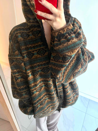 Ethnic Pattern Oversized Fleece Zip-up Hoodie