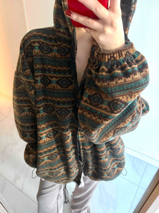 Ethnic Pattern Oversized Fleece Zip-up Hoodie