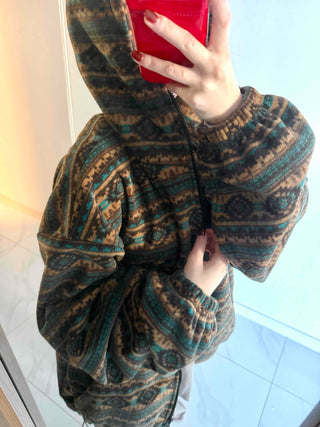 Ethnic Pattern Oversized Fleece Zip-up Hoodie