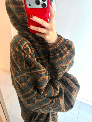 Ethnic Pattern Oversized Fleece Zip-up Hoodie