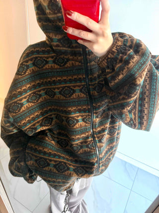 Ethnic Pattern Oversized Fleece Zip-up Hoodie