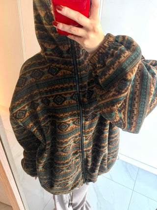 Ethnic Pattern Oversized Fleece Zip-up Hoodie