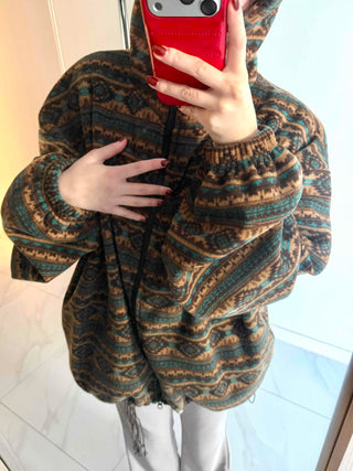 Ethnic Pattern Oversized Fleece Zip-up Hoodie