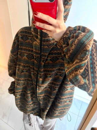 Ethnic Pattern Oversized Fleece Zip-up Hoodie