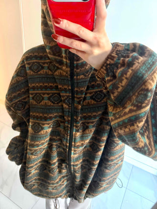 Ethnic Pattern Oversized Fleece Zip-up Hoodie