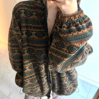 Ethnic Pattern Oversized Fleece Zip-up Hoodie