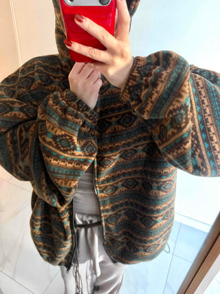 Ethnic Pattern Oversized Fleece Zip-up Hoodie