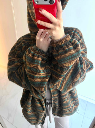 Ethnic Pattern Oversized Fleece Zip-up Hoodie