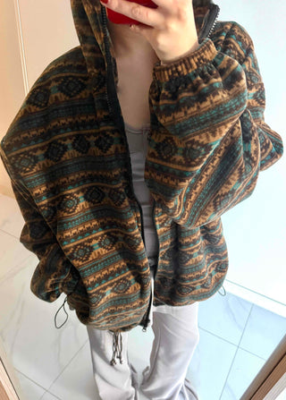Ethnic Pattern Oversized Fleece Zip-up Hoodie