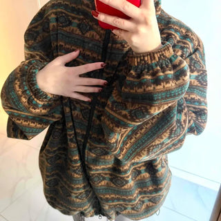 Ethnic Pattern Oversized Fleece Zip-up Hoodie