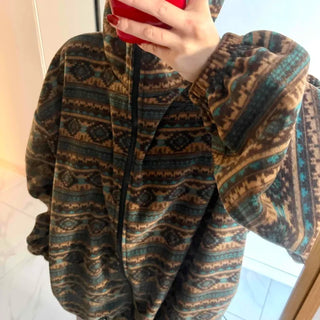 Ethnic Pattern Oversized Fleece Zip-up Hoodie