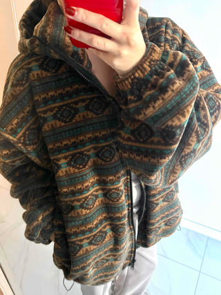 Ethnic Pattern Oversized Fleece Zip-up Hoodie
