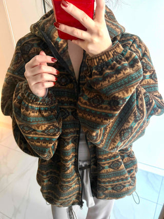 Ethnic Pattern Oversized Fleece Zip-up Hoodie