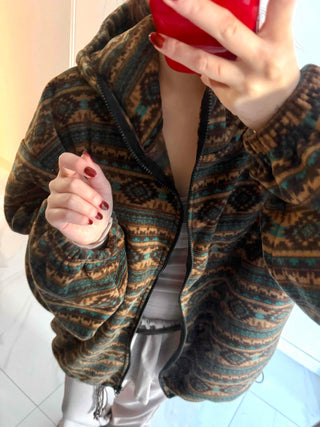Ethnic Pattern Oversized Fleece Zip-up Hoodie