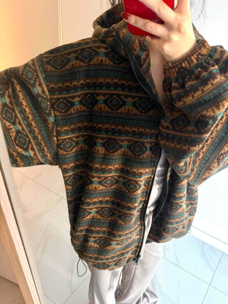 Ethnic Pattern Oversized Fleece Zip-up Hoodie