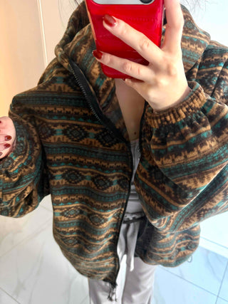 Ethnic Pattern Oversized Fleece Zip-up Hoodie