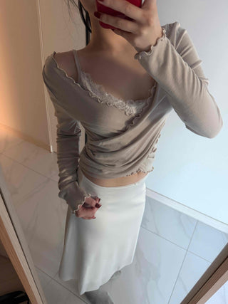 Soft Lace Ribbon Point Midi Skirt