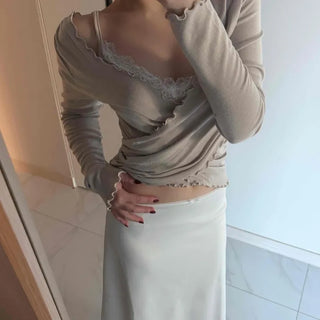 Soft Lace Ribbon Point Midi Skirt
