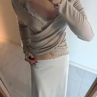 Soft Lace Ribbon Point Midi Skirt