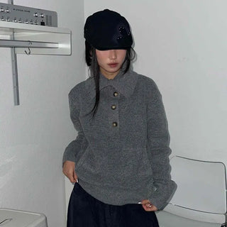 Melange Henley Neck Loose Fit Knit with Stitch Details
