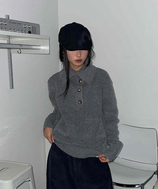 Melange Henley Neck Loose Fit Knit with Stitch Details