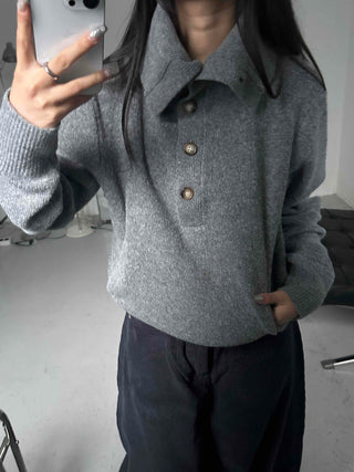 Melange Henley Neck Loose Fit Knit with Stitch Details