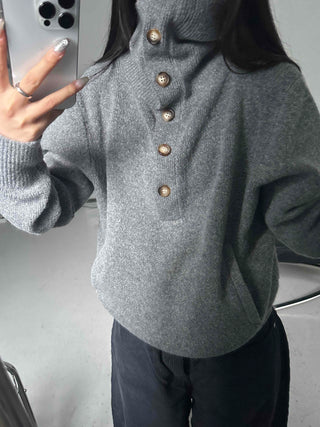 Melange Henley Neck Loose Fit Knit with Stitch Details