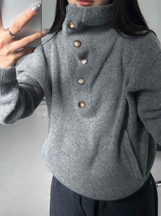 Melange Henley Neck Loose Fit Knit with Stitch Details
