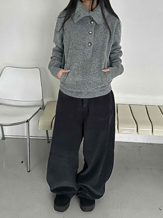 Melange Henley Neck Loose Fit Knit with Stitch Details