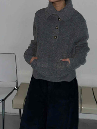 Melange Henley Neck Loose Fit Knit with Stitch Details