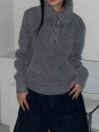 Melange Henley Neck Loose Fit Knit with Stitch Details