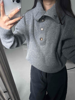 Melange Henley Neck Loose Fit Knit with Stitch Details