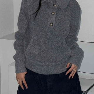 Melange Henley Neck Loose Fit Knit with Stitch Details