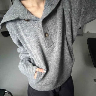 Melange Henley Neck Loose Fit Knit with Stitch Details