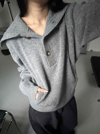 Melange Henley Neck Loose Fit Knit with Stitch Details