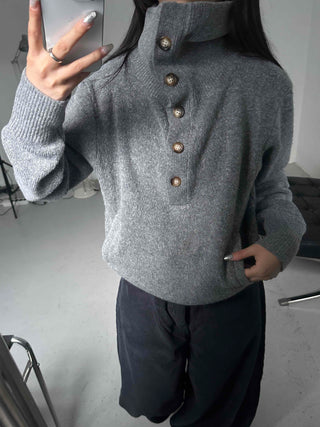 Melange Henley Neck Loose Fit Knit with Stitch Details