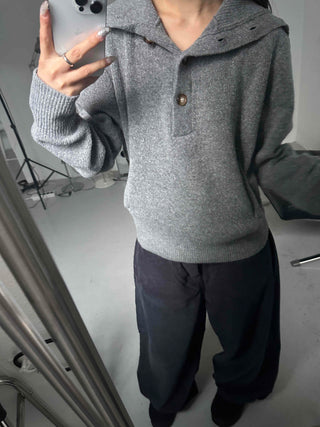 Melange Henley Neck Loose Fit Knit with Stitch Details