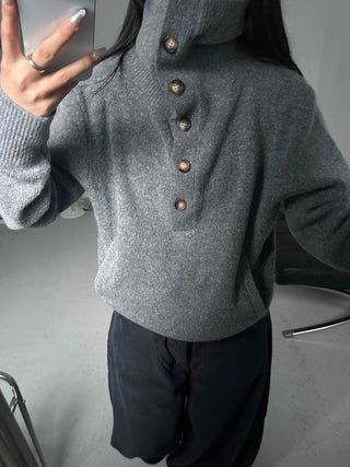 Melange Henley Neck Loose Fit Knit with Stitch Details