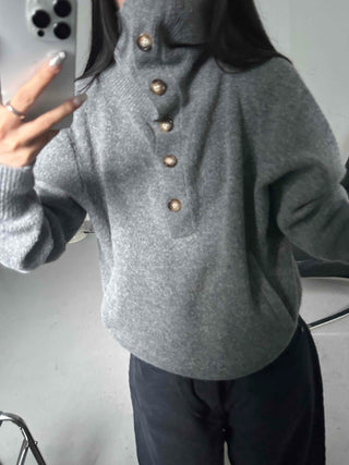 Melange Henley Neck Loose Fit Knit with Stitch Details