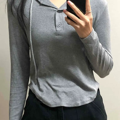 Soft Daily Henley Neck Hooded Long Sleeve T-shirt
