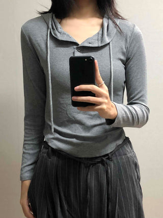 Soft Daily Henley Neck Hooded Long Sleeve T-shirt